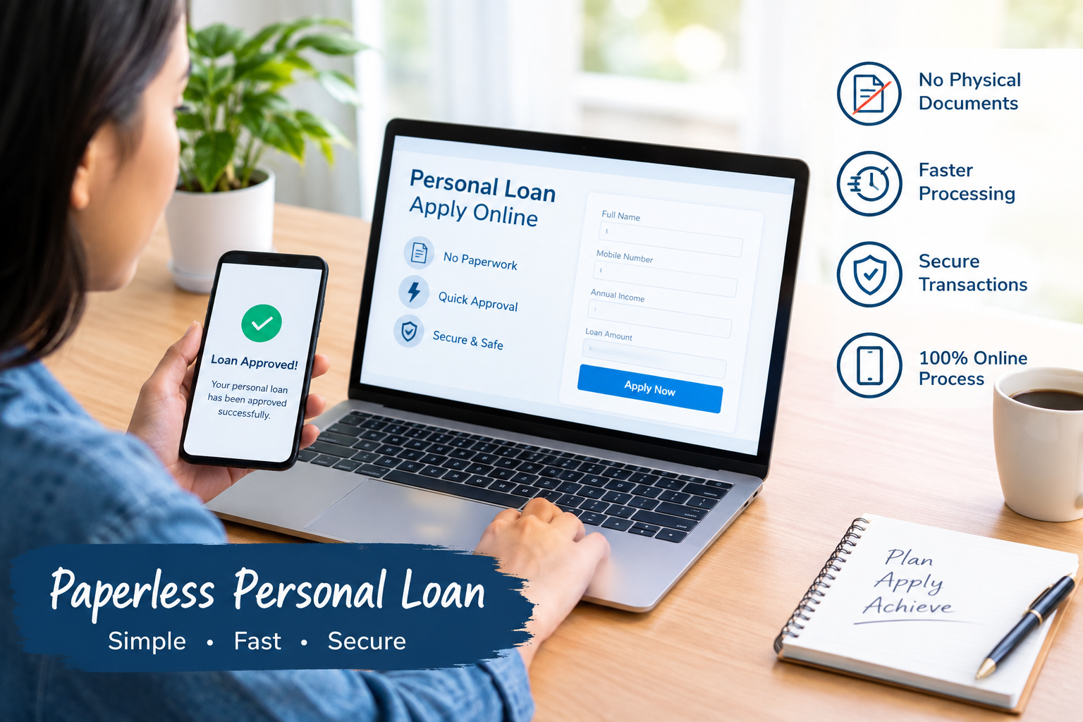 Paperless personal loan application online with digital documents, secure verification, fast processing, and no physical paperwork